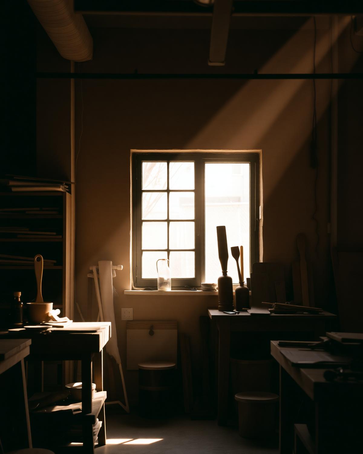 Warm verlicht atelier met houten gereedschap in het middaglicht